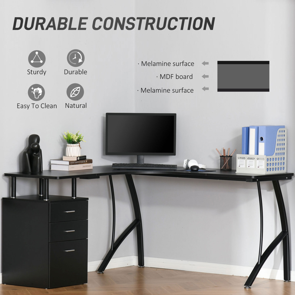 Modular L-Shaped Corner Workstation with Integrated 3-Drawer Storage - Image 5