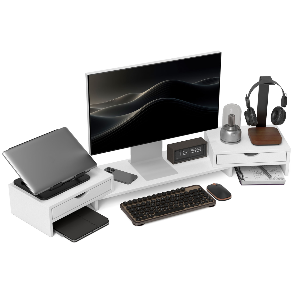 Modular Dual-Monitor Riser with Integrated Drawers & Adjustable Angle